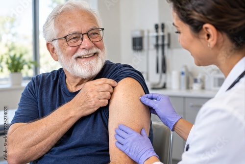 Smiling older bearded man having his upper arm checked by a clinician