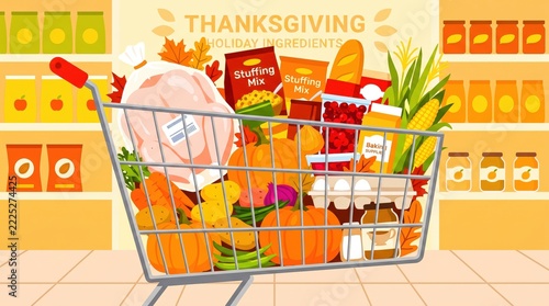Full shopping cart packed with traditional Thanksgiving holiday ingredients for cooking a festive family dinner celebration