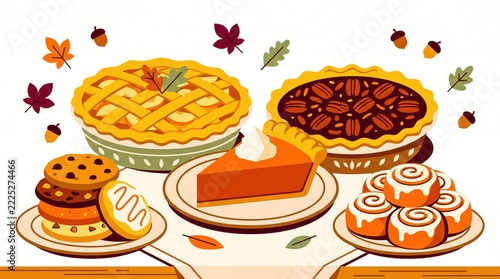 Delicious autumn dessert collection featuring apple pie pecan pie pumpkin slice cookies and cinnamon rolls with festive fall leaves and acorns
