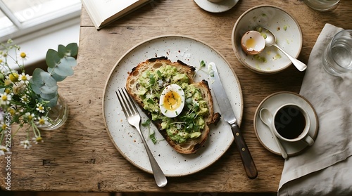 Professional chef plating breakfast dish with poached egg and greens on rustic wooden table