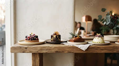 Professional dessert display featuring mini cakes and pastries on wooden table for café or bakery promotion