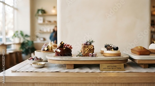 Bakery display showcasing pastries and fruit tarts on wooden trays in modern café setting with natural light