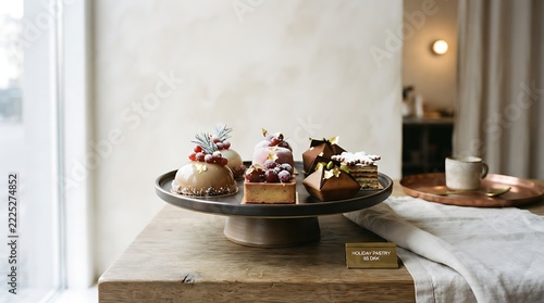 Assorted gourmet desserts arranged on wooden board for bakery display in cozy café setting
