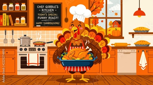 Happy cartoon turkey chef proudly holds a delicious roasted turkey in a cozy autumn kitchen for Thanksgiving dinner preparation
