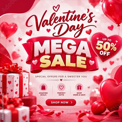 Red and pink Valentine sale poster with heart balloons and gift boxes