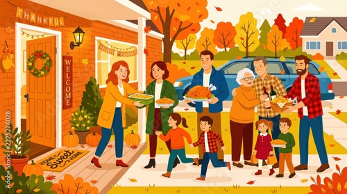 Large multigenerational family gathering for an autumn holiday feast outside a beautifully decorated home with vibrant fall foliage
