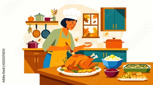 Smiling woman chef basting a golden roasted turkey for a festive autumn holiday meal in a warm cozy kitchen setting