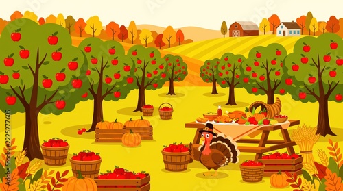 Vibrant autumn landscape with apple trees bountiful harvest and a festive turkey celebrating Thanksgiving season