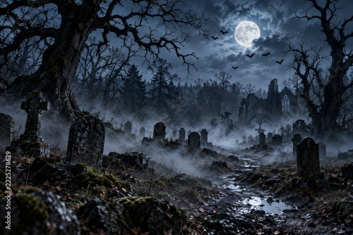 Moonlit Halloween graveyard in a haunted forest with mist and flying bats