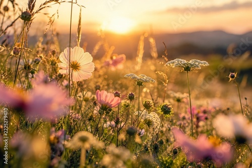Delicate meadow wildflowers backlit by warm sunset with dreamy golden bokeh