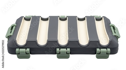 Modern gray and cream plastic container with green latches, designed for organizing small items, isolated on white background.
