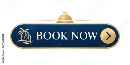 Luxury hotel book now button, elegant blue and gold resort reservation icon, travel booking web element