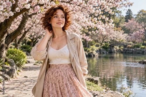 Stylish young woman beside pink cherry blossoms on a sunny spring day
