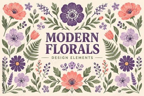 Modern florals design elements, botanical illustration vector set, elegant floral composition, spring flowers graphic background for branding and stationery