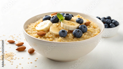 Creamy millet porridge with fresh fruit and almonds