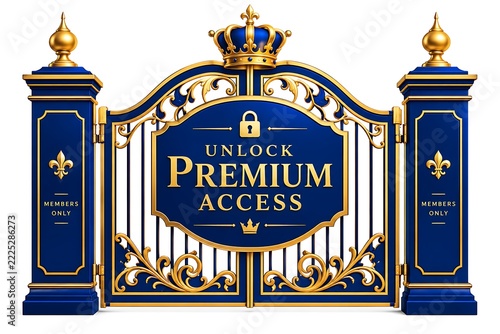 Luxury blue and gold gate with Unlock Premium Access text, elegant royal entrance illustration