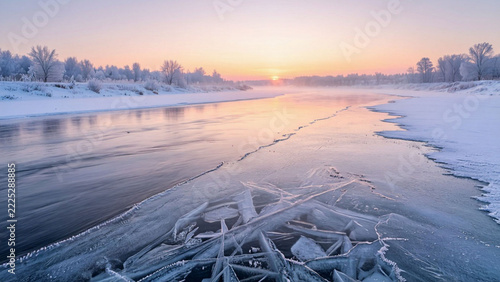Winter landscape with a frozen river, cracked ice, and golden sunrise over snowy banks.