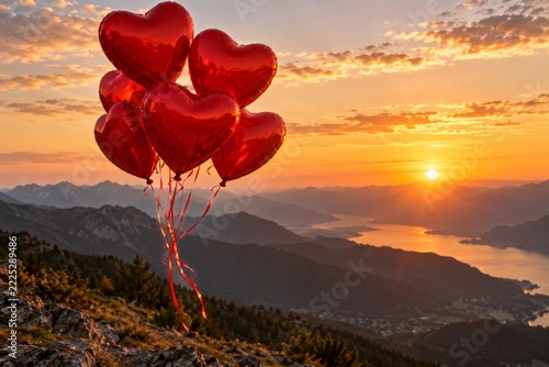 Red Heart Balloons Floating Above Mountain Peaks in a Golden Sunset