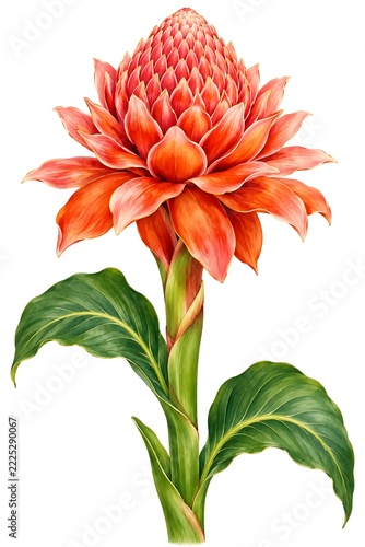 Botanical illustration of a vibrant red torch ginger flower, elegant tropical floral design element for textile patterns and greeting cards
