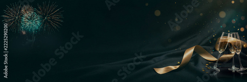 New Year Emerald Green and Gold Luxury Banner Background with Champagne Glasses Toast, Teal and Gold Fireworks, Satin Gold Ribbon, Dark Green Silk Fabric, Bokeh, Confetti, Christmas, Party, Copy Space