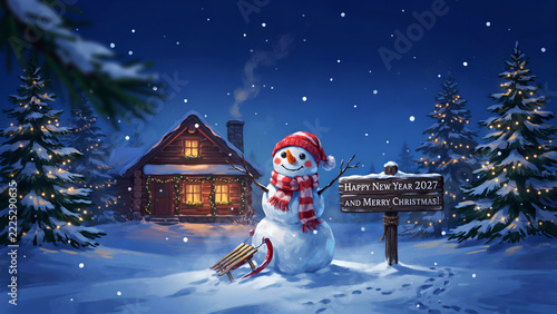 Cheerful snowman wearing red scarf stands near glowing wooden cabin during snowy winter evening with glowing lights