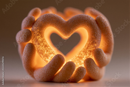 Interlocked matte ceramic hands in a ring with a glowing heart center, soft studio lighting, warm amber tones, shallow depth of field, clean right negative space for CSR and NGO branding campaigns.