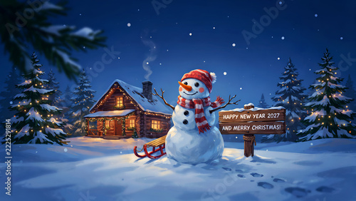 Festive snowman wearing red winter scarf standing near glowing cabin during snowy night celebration