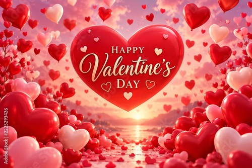 Valentine greeting on a red heart amid floating hearts in a sunset scene