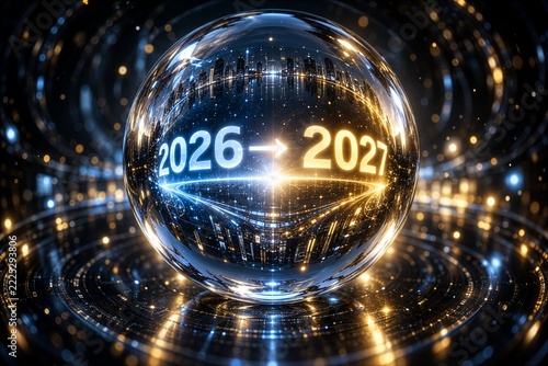 Wewnątrz szklanej kuli widać zakrzywioną, świetlistą grafikę ze zmianą roku z 2026 na 2027. Dookoła kuli rozpościera się ciemna, cyfrowa przestrzeń z unoszącymi się cząsteczkami światła (particles).