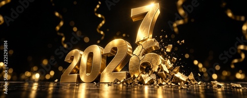 Trójwymiarowe, monumentalne cyfry roku 2026 i 2027 wykonane z polerowanego, szczotkowanego złota. cyfra „6” pęka a nad nią dumnie unosi się lśniąca cyfra „7”.  Zmiana daty, nowy rok