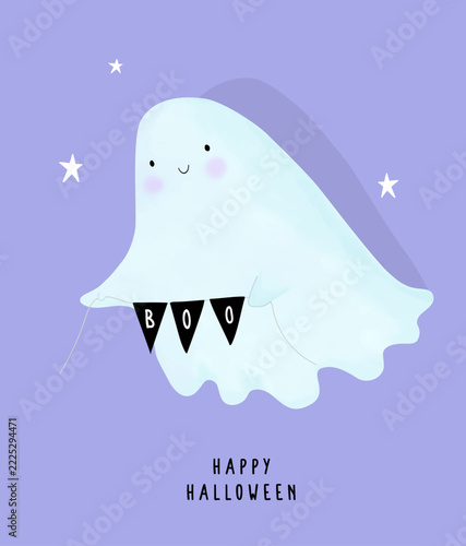Halloween Card With Cute Ghost. Hand drawn vector illustration of happy ghost with boo garland. Ideal for cards, invitations, stickers, and halloween content. All elements on separate layers.