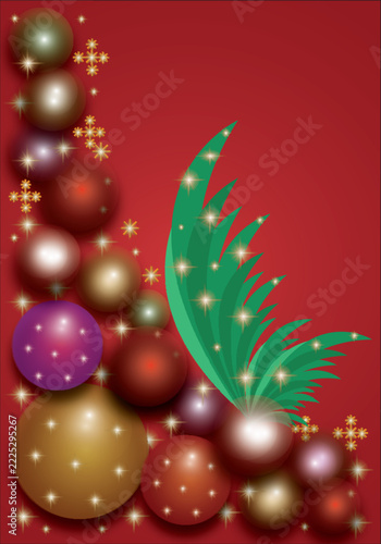 Christmas background with colorful decorative baubles and stylized green pine branches on a red backdrop.