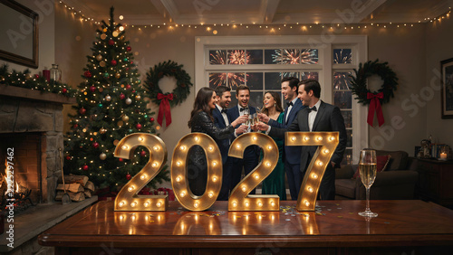 Elegant group of joyful friends celebrating new year twenty twenty seven with glowing illuminated marquee numbers inside