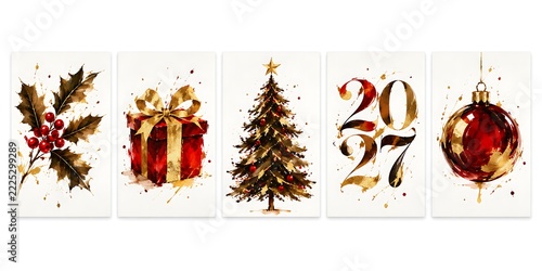 Christmas 2027 cards collection, red and gold watercolor holiday greeting designs. Festive seasonal banners with tree, gift, and ornaments for winter marketing