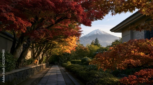 A picturesque stone pathway framed by vibrant autumn maple foliage, traditional buildings, and snow-capped Mount Fuji in Japan.