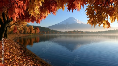 Wide scenic view of Mount Fuji rising beyond a calm reflective lake, framed by vibrant autumn maple foliage in Japan under clear morning light.