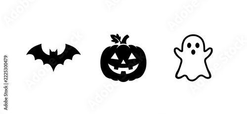 Halloween black silhouette icons set with bat, carved pumpkin, and ghost on transparent background
