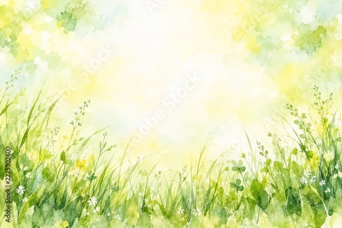 Airy Green Grass and Soft Yellow Washes in an Abstract Spring Watercolor