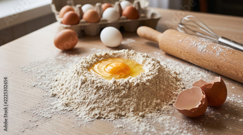 Raw egg yolk in a mound of flour on a wooden kitchen table