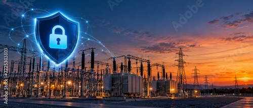 Blue Cybersecurity Shield over Power Grid Substation with Network Connections at Dusk
