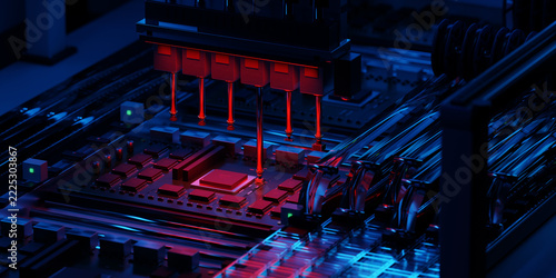 SMT Placement Head Mounting Components on a Red and Blue Lit PCB