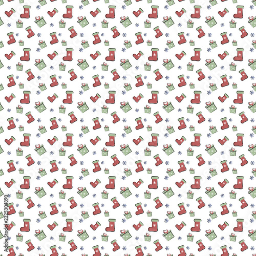 Christmas seamless pattern with red stockings and green gift boxes