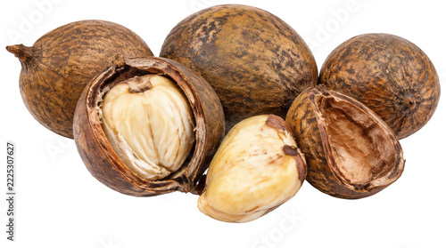 Close-up view of several whole and cracked nuts, revealing their creamy white kernels, against a white background.