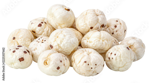 A close-up shot of a pile of puffed fox nuts, also known as makhana, with a light brown speckled texture, isolated on a clean white background.