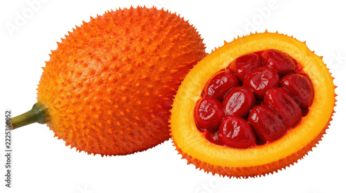 Vibrant orange Gac fruit, also known as Momordica cochinchinensis, with one whole and one cut in half revealing its striking red arils and seeds.