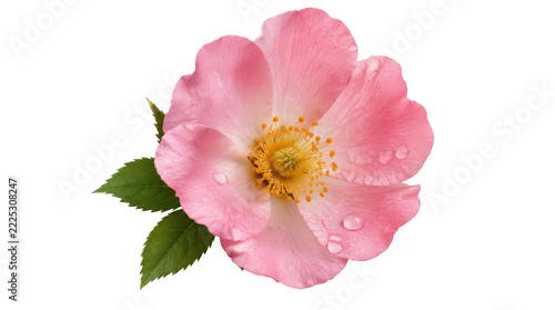 Close-up of a delicate pink wild rose flower with green leaves and glistening water droplets on its petals, isolated on a clean white background.