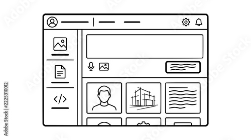 Modern digital workspace interface wireframe with sidebar navigation, search bar, and content grid showing profile and architectural elements in line art