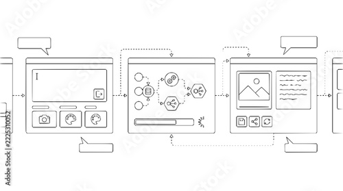 Linear workflow diagram depicting a sequential software process with input windows, processing nodes, and output results connected by directional arrows