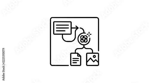 Simplified logic flow diagram showing text input being processed through a central node to generate a document and an image file on white background