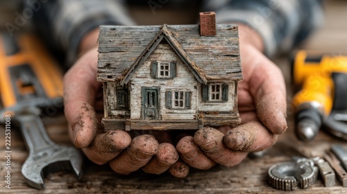 Miniature house model held by hands surrounded by tools, implying home repair and construction